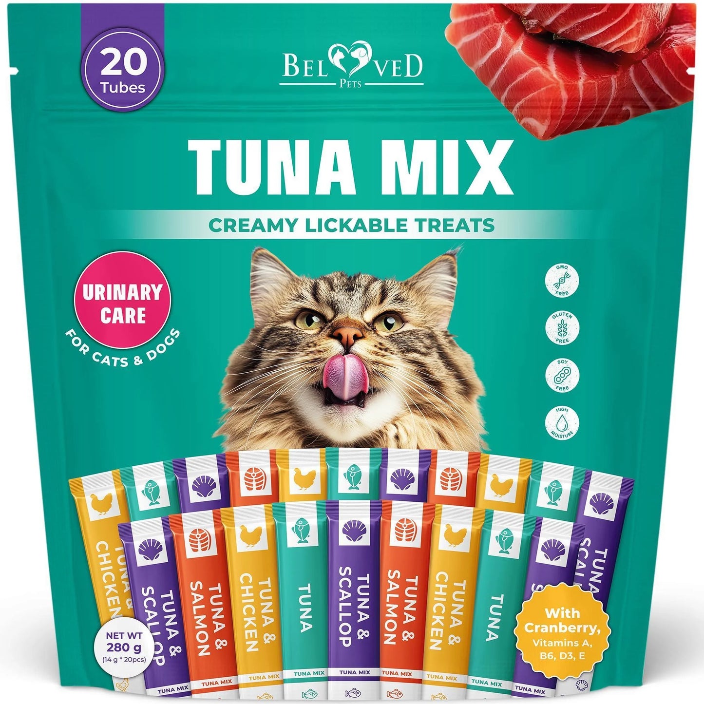Creamy Lickable Cat Treats Wet Squeeze Tubes 20 Sticks Tuna Mix Liquid Cat Snacks Urinary Care Multivitamin Treats for Cats & Small Dogs Lick Up