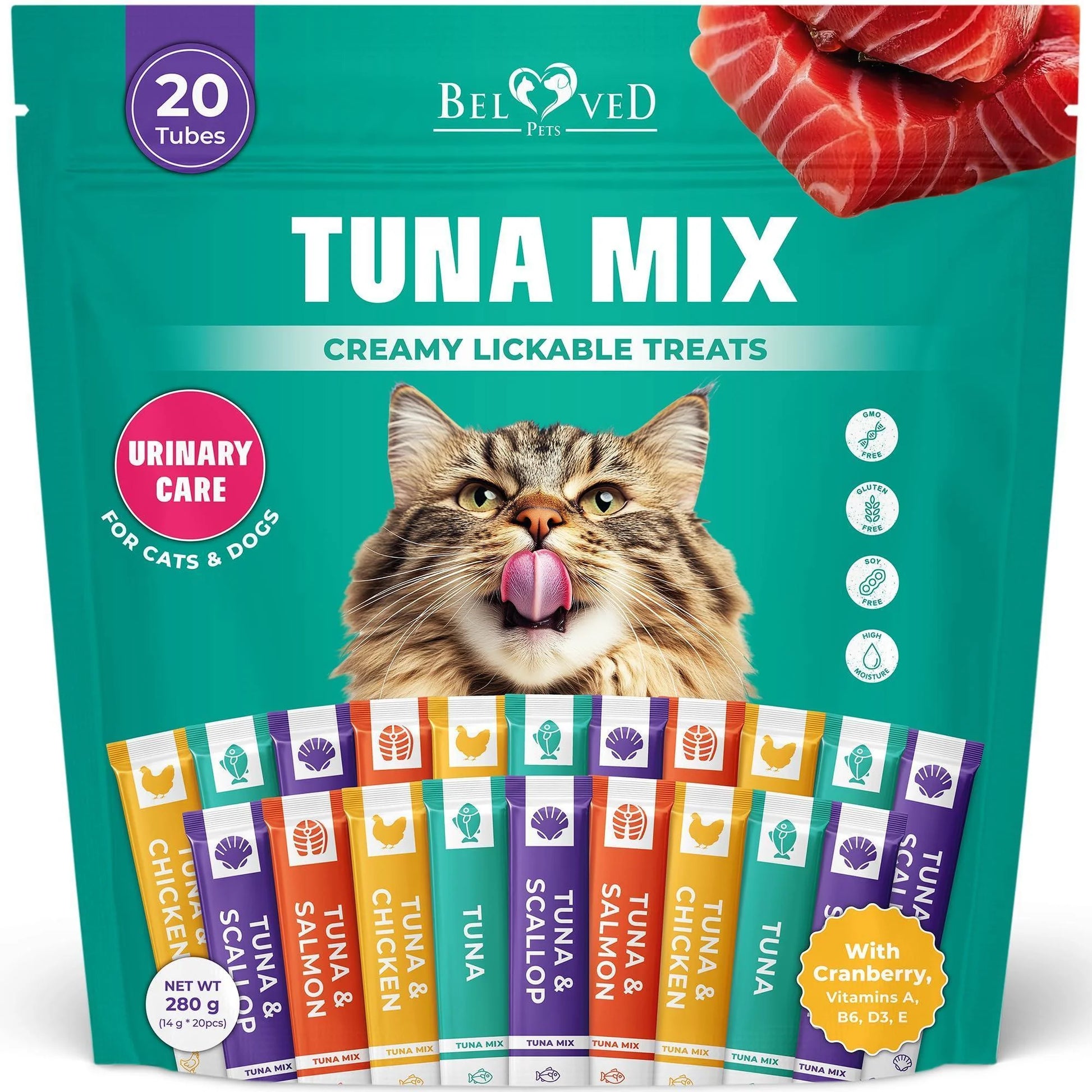 Creamy Lickable Cat Treats Wet Squeeze Tubes 20 Sticks Tuna Mix Liquid Cat Snacks Urinary Care Multivitamin Treats for Cats & Small Dogs Lick Up