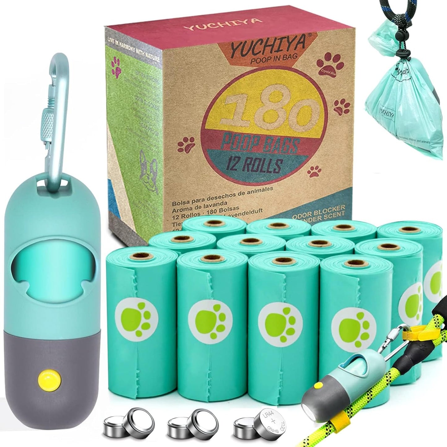 Dog Poop Bags Holder with LED Flashlight|Pet Waste Bags Dispenser for Leash|Doggie Potty Bags Container with Leak-Proof Pet Trash Bags and Accessories (1 Holder 195 Bags, Crystal Blue)