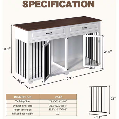 White Wooden Accent Storage Cabinet with 2-Drawer, Dog Crates Cage Furniture for Large Dog